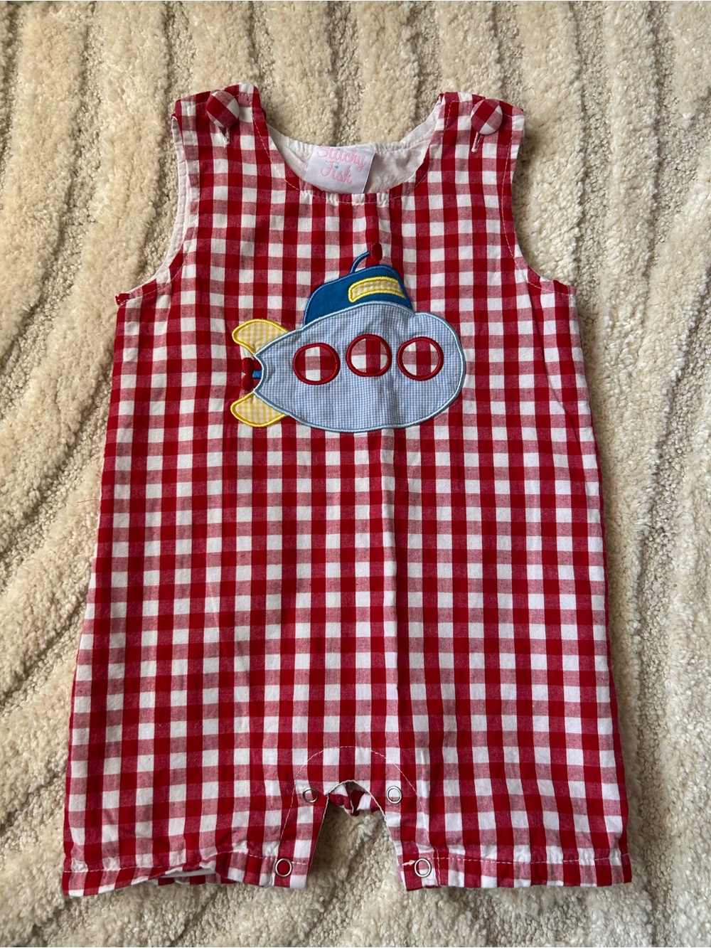 Stitchy Fish 12M Red Gingham Submarine Shortall Romper